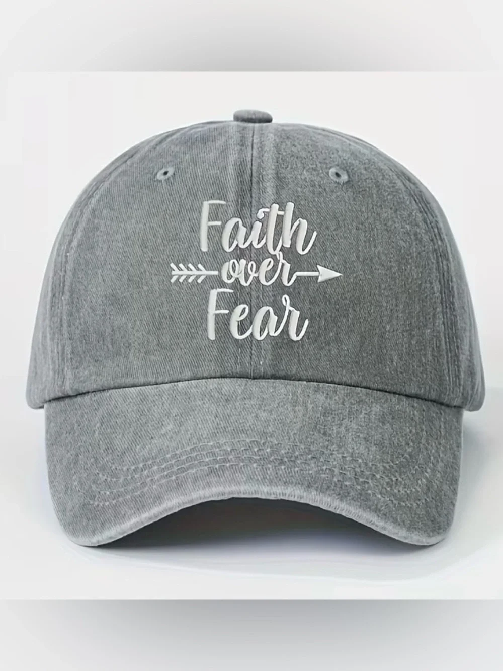 “Faith Over Fear ” Embroidered Baseball Cap Hat • Grey • Buckle Adjustment.